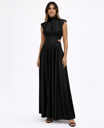 Robe Longue Femme – Col Montant & Coupe Fluide Sans Manches, Élégance Maxi Soirée