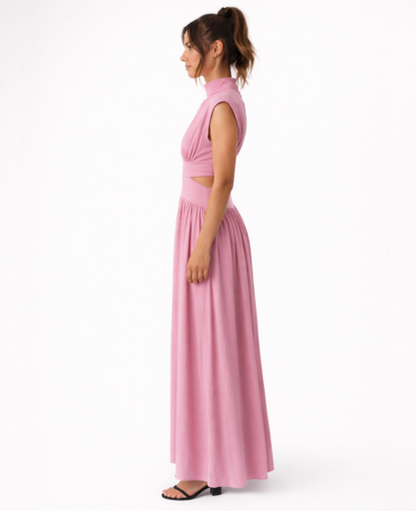 Robe Longue Femme – Col Montant & Coupe Fluide Sans Manches, Élégance Maxi Soirée