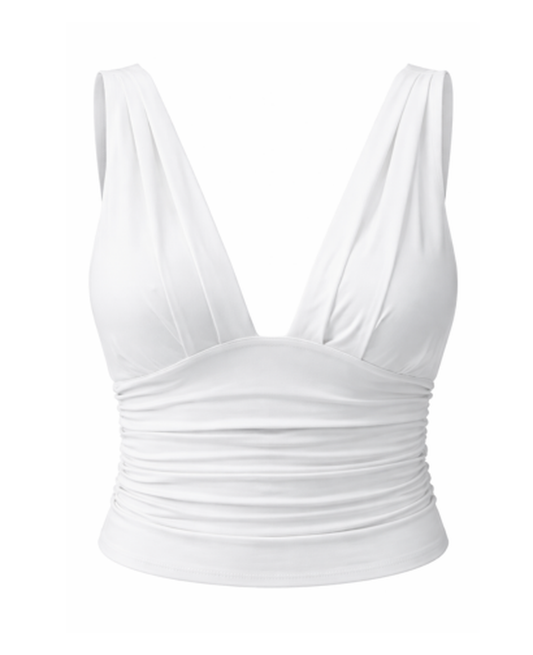 Top Femme Court – Col en V Plongeant & Drapé Sans Manches, Élégance Chic Moderne