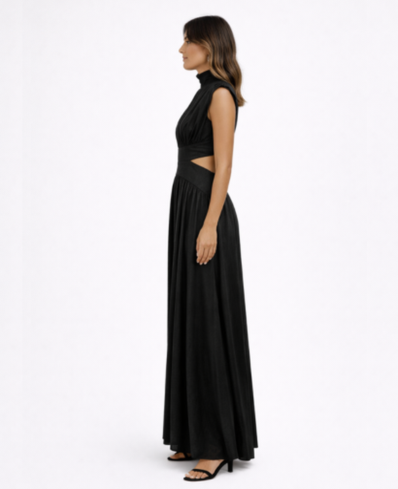 Robe Longue Femme – Col Montant & Coupe Fluide Sans Manches, Élégance Maxi Soirée