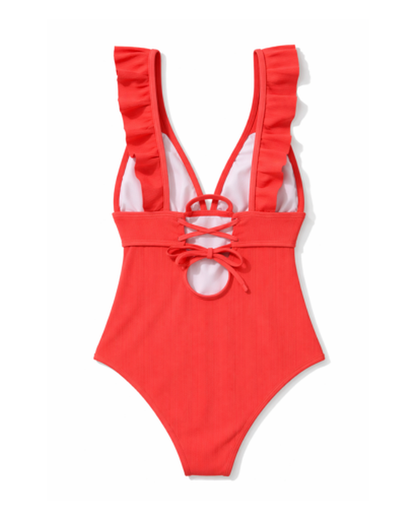 Costume da bagno intero da donna con volant e scollo profondo