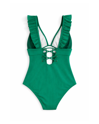 Costume da bagno intero da donna con volant e scollo profondo