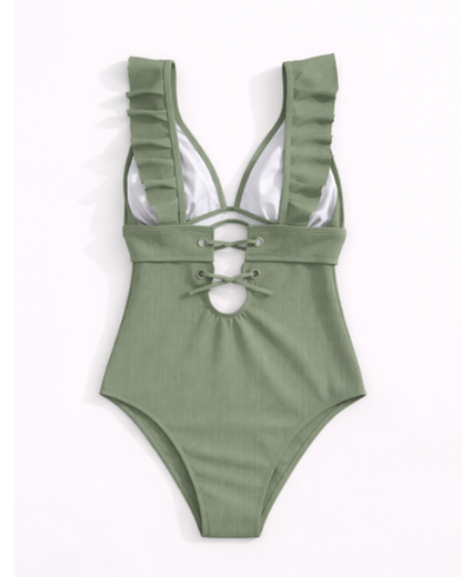 Costume da bagno intero da donna con volant e scollo profondo