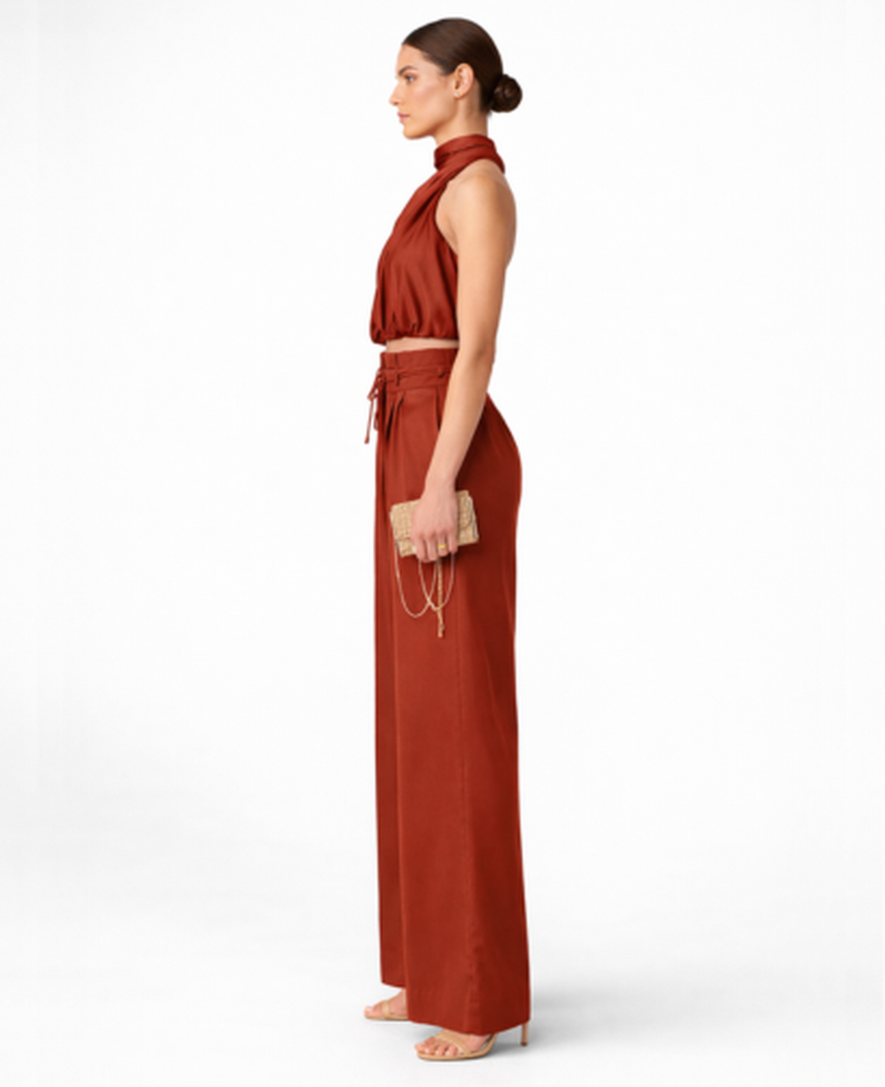 Ensemble Femme – Top Drapé Col Montant & Pantalon Large Taille Haute, Look Chic Soirée
