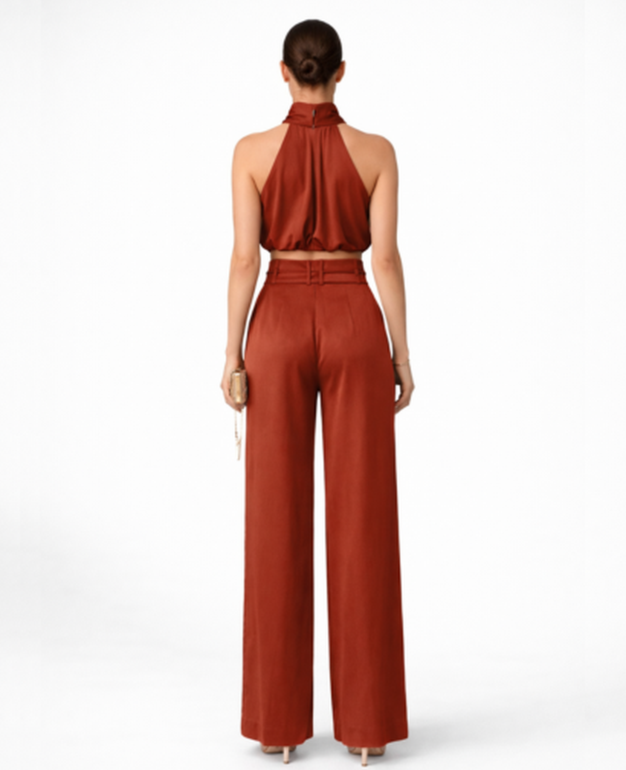 Ensemble Femme – Top Drapé Col Montant & Pantalon Large Taille Haute, Look Chic Soirée