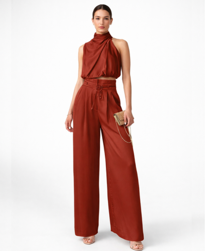 Ensemble Femme – Top Drapé Col Montant & Pantalon Large Taille Haute, Look Chic Soirée