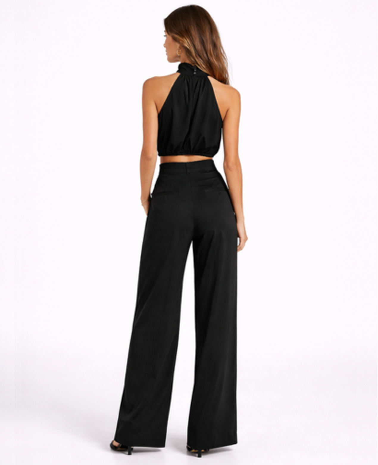 Ensemble Femme – Top Drapé Col Montant & Pantalon Large Taille Haute, Look Chic Soirée