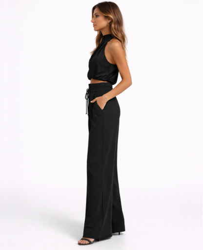 Ensemble Femme – Top Drapé Col Montant & Pantalon Large Taille Haute, Look Chic Soirée