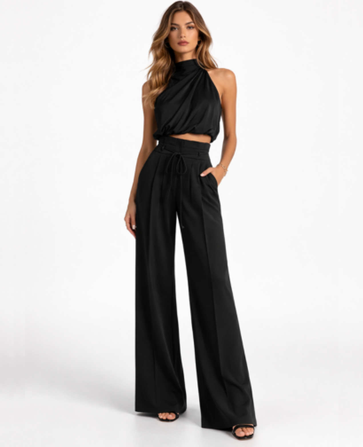Ensemble Femme – Top Drapé Col Montant & Pantalon Large Taille Haute, Look Chic Soirée