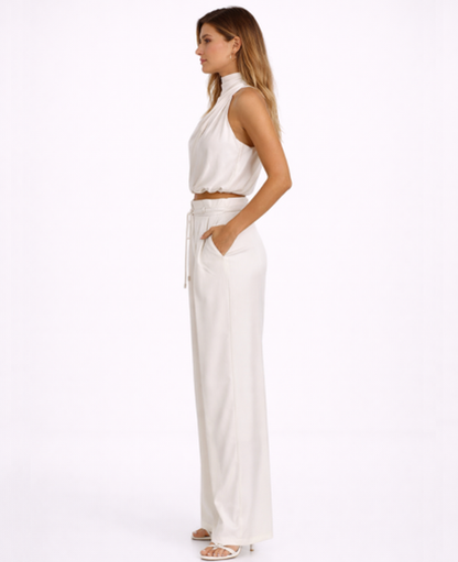 Ensemble Femme – Top Drapé Col Montant & Pantalon Large Taille Haute, Look Chic Soirée