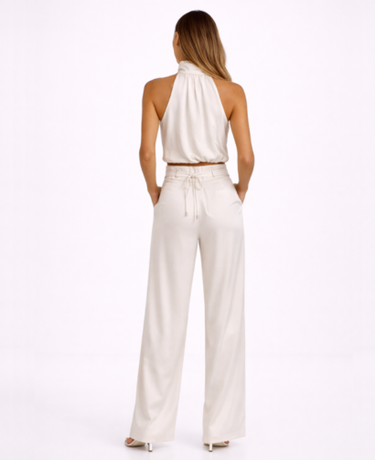 Ensemble Femme – Top Drapé Col Montant & Pantalon Large Taille Haute, Look Chic Soirée