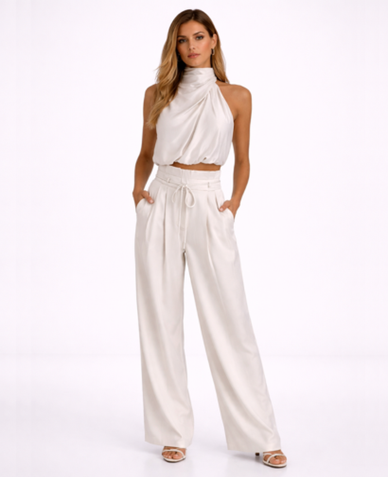 Ensemble Femme – Top Drapé Col Montant & Pantalon Large Taille Haute, Look Chic Soirée