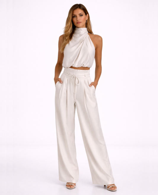 Ensemble Femme – Top Drapé Col Montant & Pantalon Large Taille Haute, Look Chic Soirée