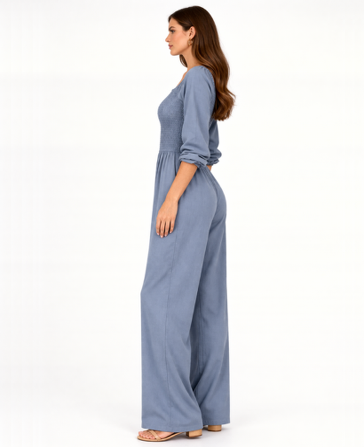Combinaison Femme – Col Carré & Taille Smockée Jambe Large, Élégance Fluide Moderne