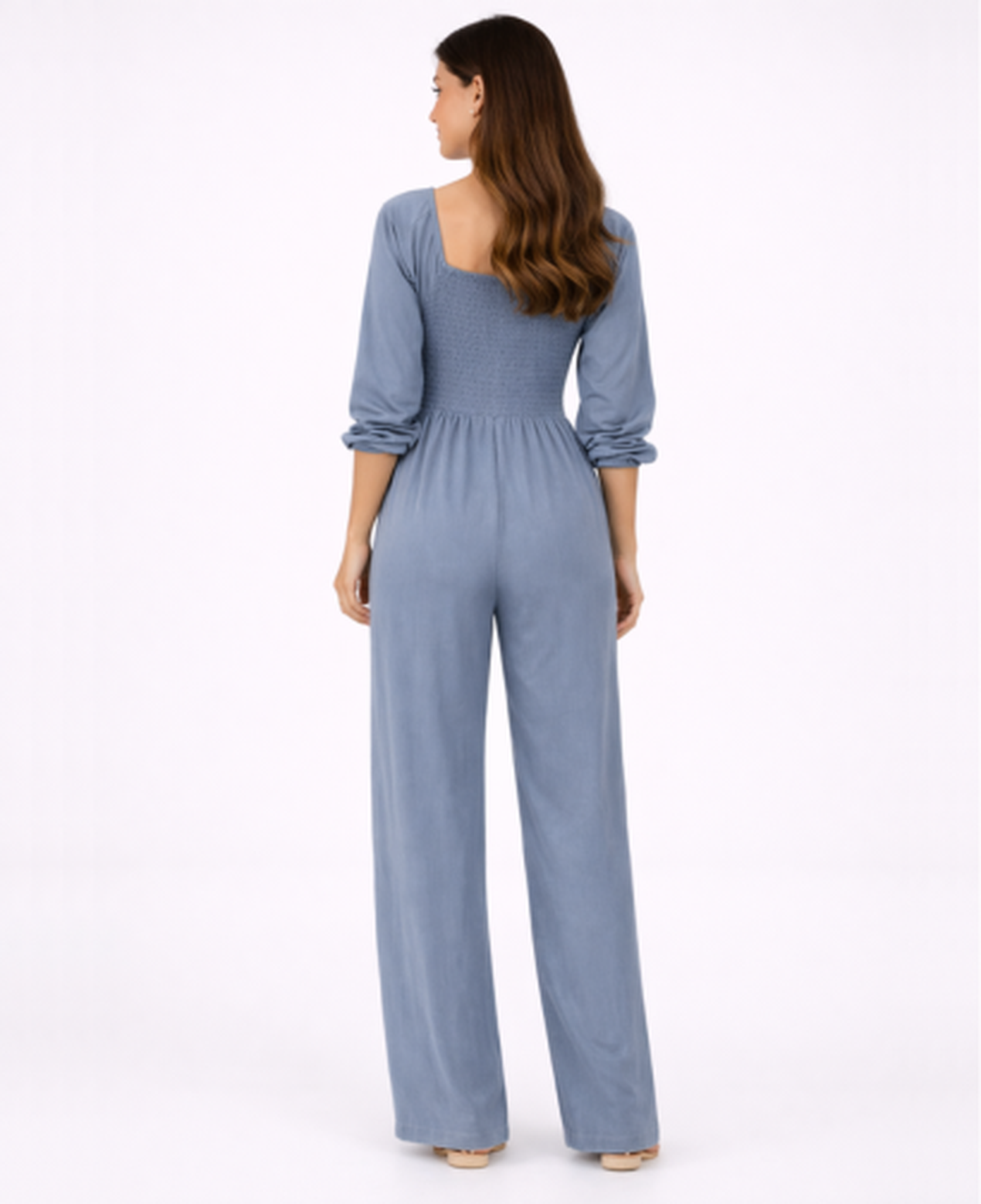Combinaison Femme – Col Carré & Taille Smockée Jambe Large, Élégance Fluide Moderne