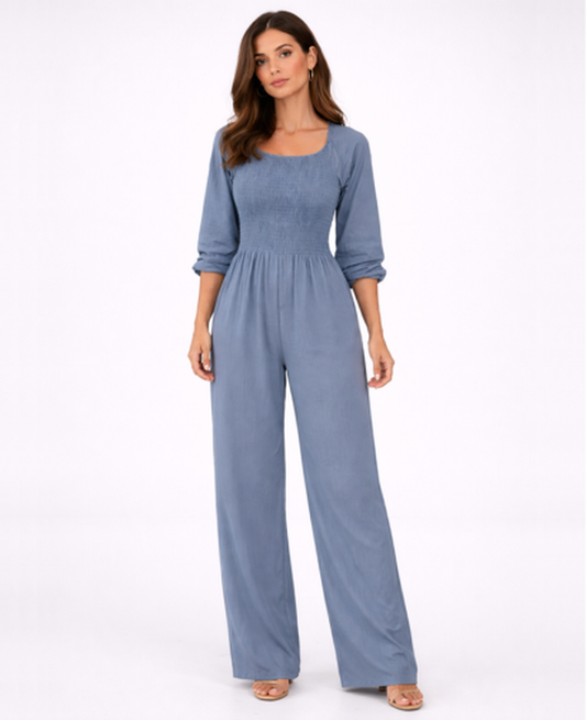 Combinaison Femme – Col Carré & Taille Smockée Jambe Large, Élégance Fluide Moderne