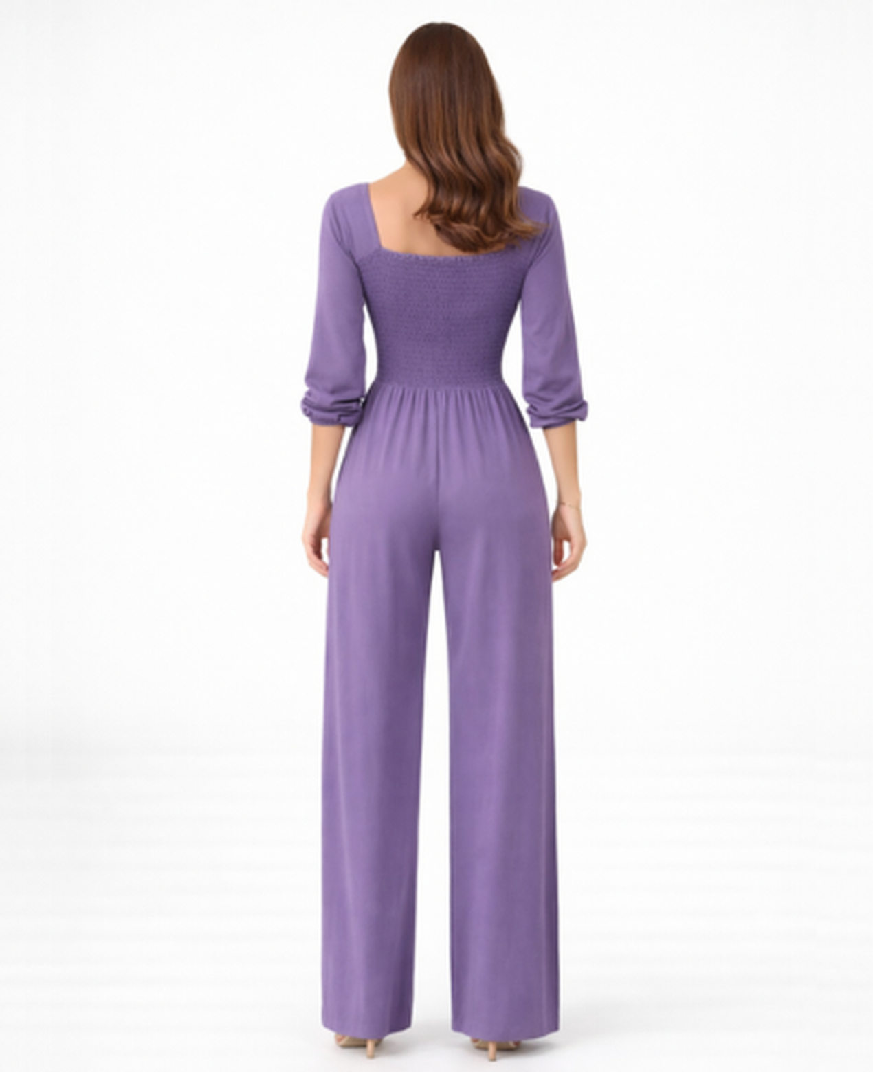 Combinaison Femme – Col Carré & Taille Smockée Jambe Large, Élégance Fluide Moderne