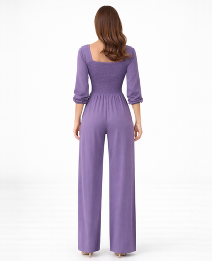 Combinaison Femme – Col Carré & Taille Smockée Jambe Large, Élégance Fluide Moderne