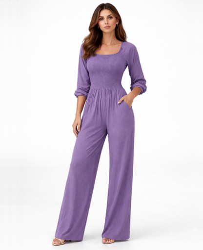 Combinaison Femme – Col Carré & Taille Smockée Jambe Large, Élégance Fluide Moderne