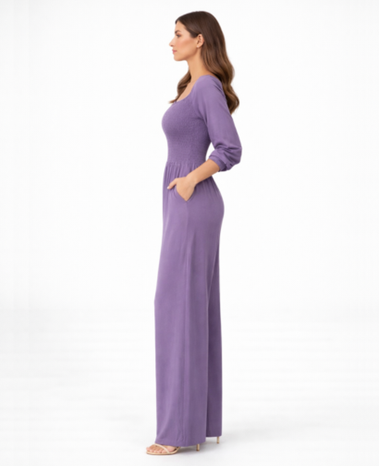 Combinaison Femme – Col Carré & Taille Smockée Jambe Large, Élégance Fluide Moderne