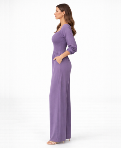 Combinaison Femme – Col Carré & Taille Smockée Jambe Large, Élégance Fluide Moderne