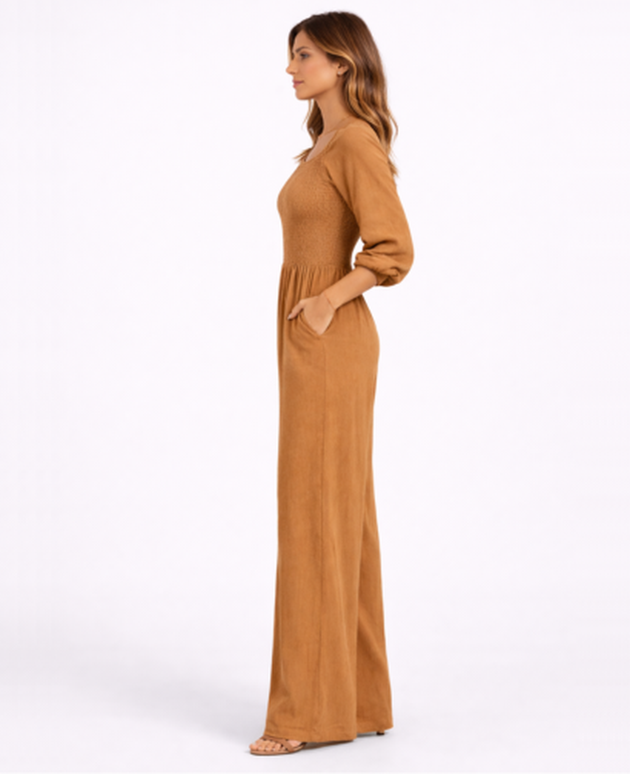 Combinaison Femme – Col Carré & Taille Smockée Jambe Large, Élégance Fluide Moderne