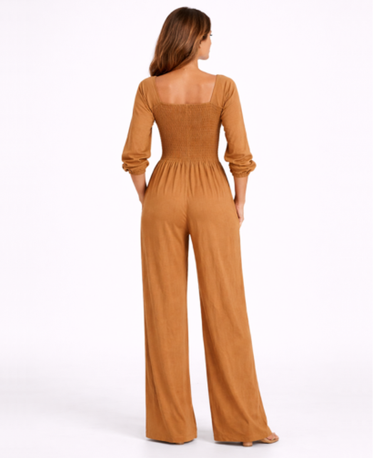 Combinaison Femme – Col Carré & Taille Smockée Jambe Large, Élégance Fluide Moderne