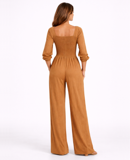 Combinaison Femme – Col Carré & Taille Smockée Jambe Large, Élégance Fluide Moderne