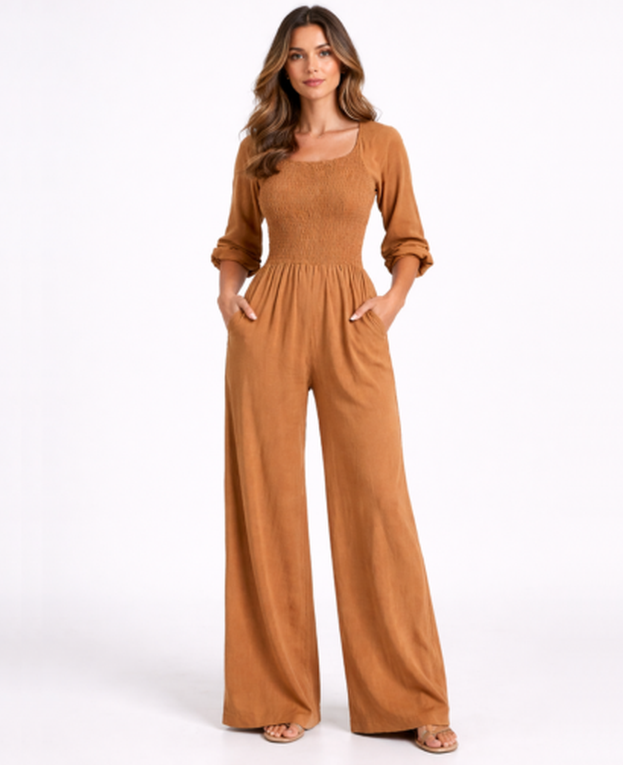 Combinaison Femme – Col Carré & Taille Smockée Jambe Large, Élégance Fluide Moderne