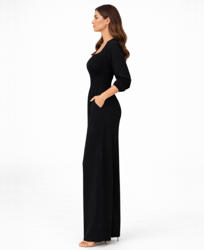 Combinaison Femme – Col Carré & Taille Smockée Jambe Large, Élégance Fluide Moderne