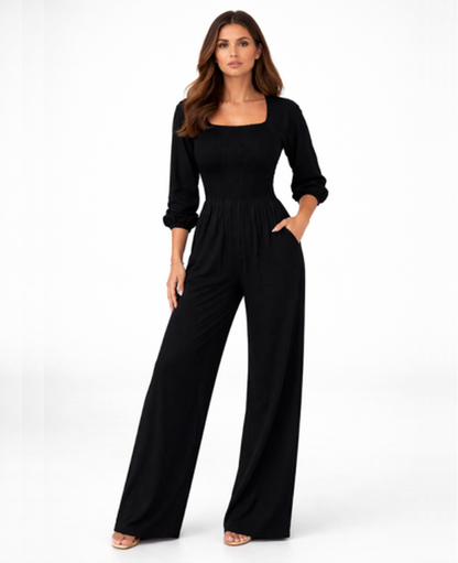 Combinaison Femme – Col Carré & Taille Smockée Jambe Large, Élégance Fluide Moderne