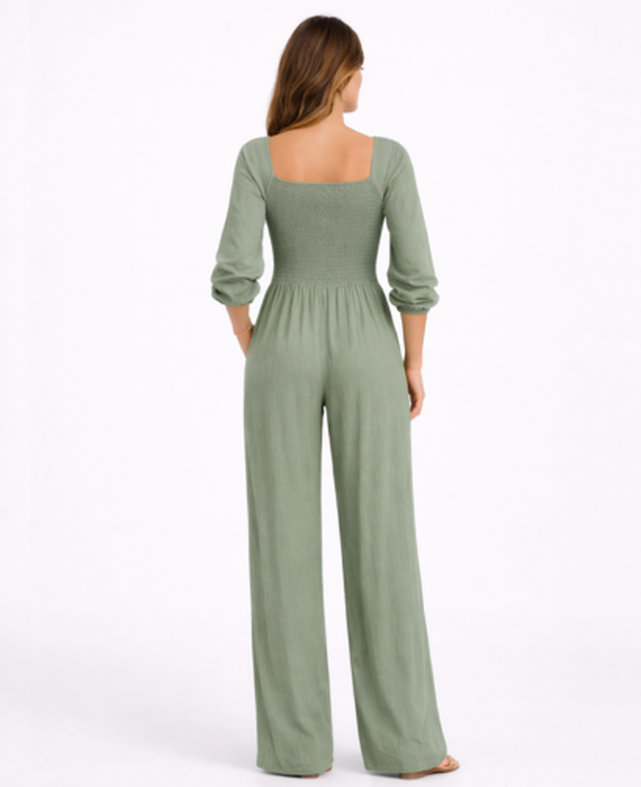 Combinaison Femme – Col Carré & Taille Smockée Jambe Large, Élégance Fluide Moderne