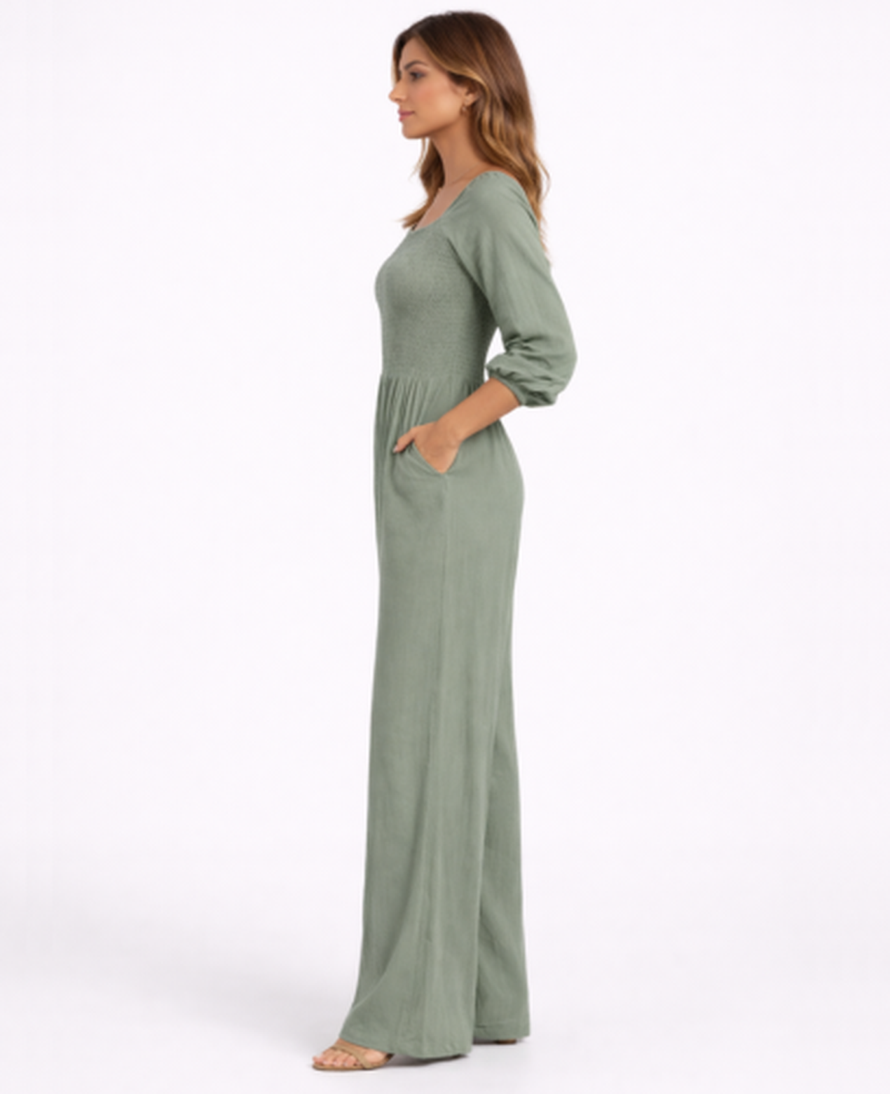 Combinaison Femme – Col Carré & Taille Smockée Jambe Large, Élégance Fluide Moderne