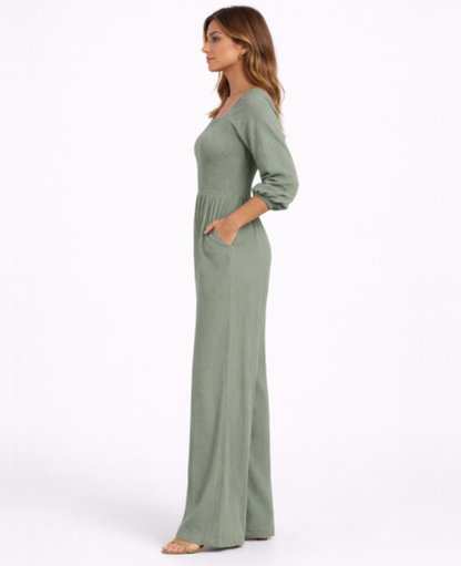 Combinaison Femme – Col Carré & Taille Smockée Jambe Large, Élégance Fluide Moderne
