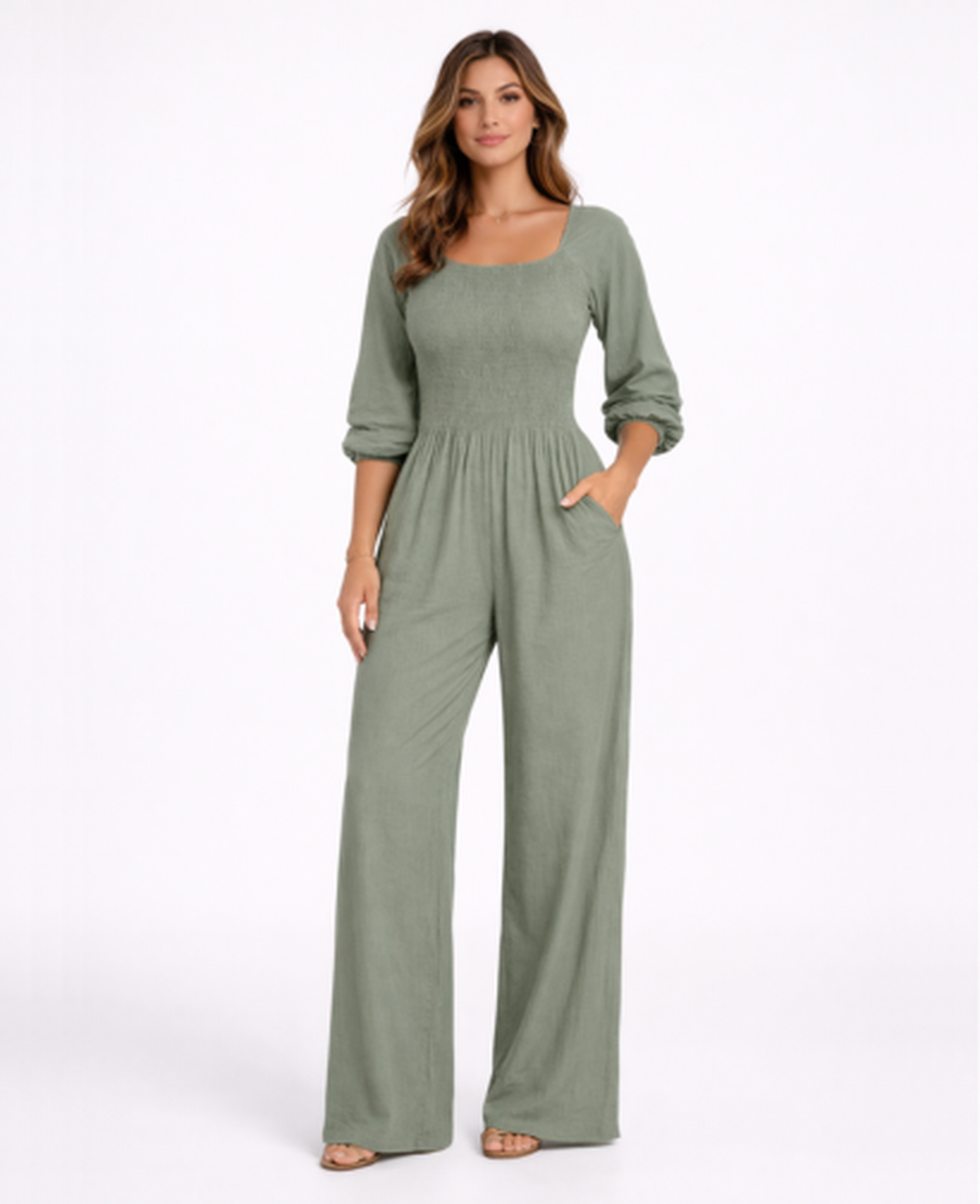 Combinaison Femme – Col Carré & Taille Smockée Jambe Large, Élégance Fluide Moderne
