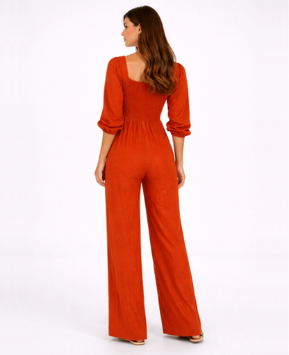 Combinaison Femme – Col Carré & Taille Smockée Jambe Large, Élégance Fluide Moderne