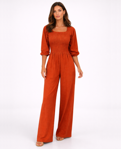 Combinaison Femme – Col Carré & Taille Smockée Jambe Large, Élégance Fluide Moderne