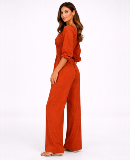 Combinaison Femme – Col Carré & Taille Smockée Jambe Large, Élégance Fluide Moderne