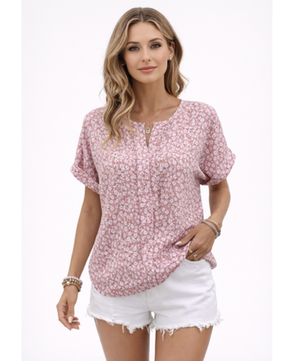 Blouse Femme Fluide Imprimée – Col Fendu & Manches Courtes, Légèreté Bohème Chic Été