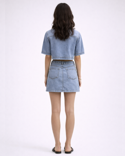 Ensemble Denim 2 Pièces Femme – Top Cropped & Jupe Courte | Look Tendance & Casual Chic