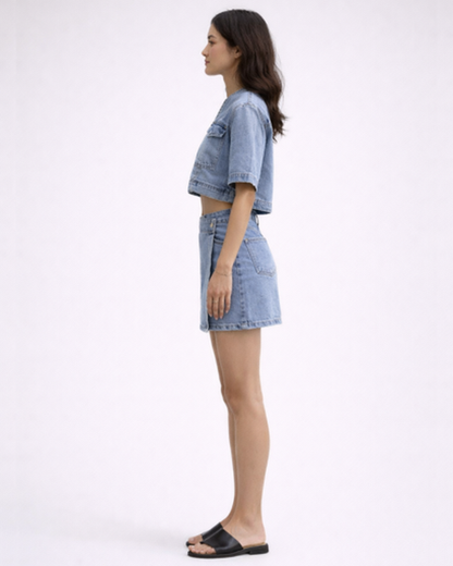 Ensemble Denim 2 Pièces Femme – Top Cropped & Jupe Courte | Look Tendance & Casual Chic