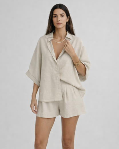 Ensemble femme chemise ample & short – allure fluide taille haute | short jambe large