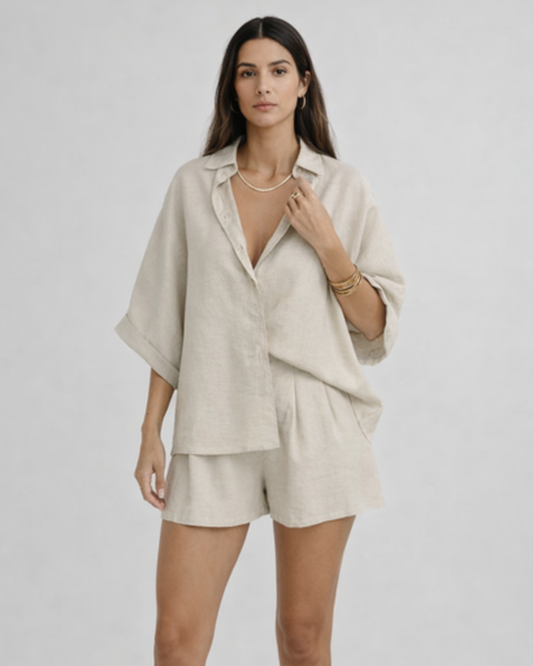 Ensemble femme chemise ample & short – allure fluide taille haute | short jambe large
