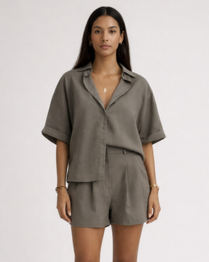 Ensemble femme chemise ample & short – allure fluide taille haute | short jambe large