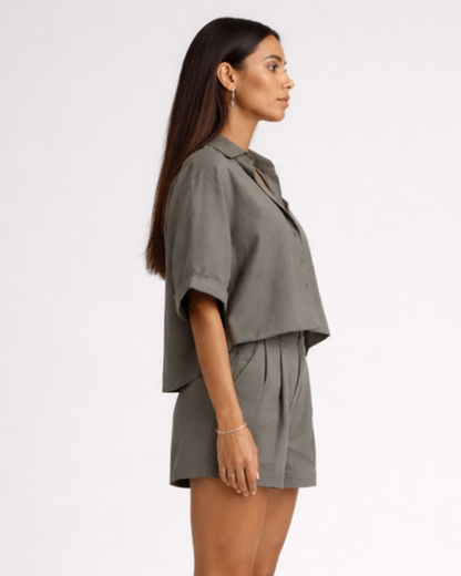 Ensemble femme chemise ample & short – allure fluide taille haute | short jambe large