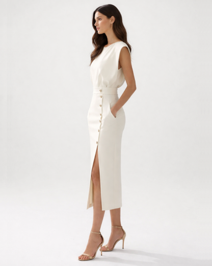 Abito midi donna dritto con spacco e bottoni decorativi