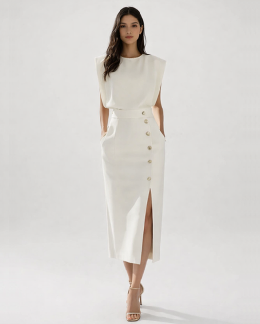 Robe Midi Femme Boutonnée – Coupe Droite Fendue & Allure Élégante | Invitée & Quotidien