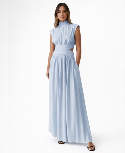 Robe Longue Femme – Col Montant & Coupe Fluide Sans Manches, Élégance Maxi Soirée