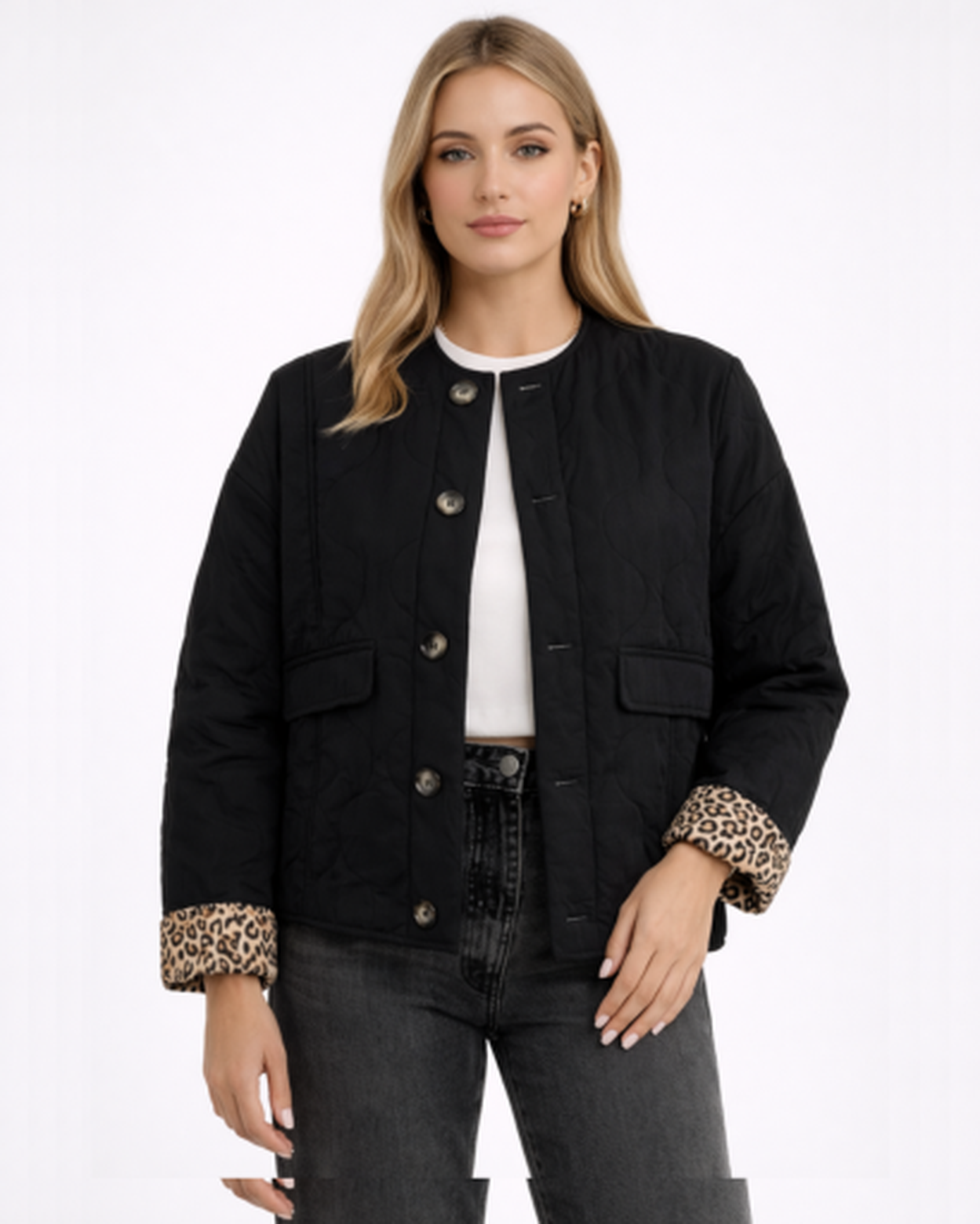 Veste Femme Matelassée Boutonnée Motif Léopard Réversible – vue 3