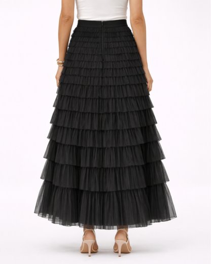 Jupe longue femme – tulle fluide à volants, taille haute | Jupe longue taille haute